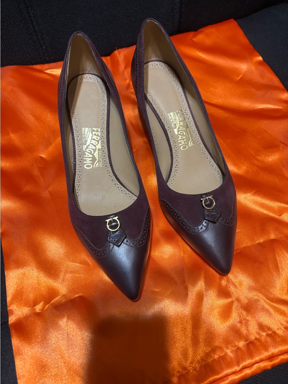Salvatore Ferragamo Burgundy Pointed Toe Leather & Suede Pumps with Gold Accent